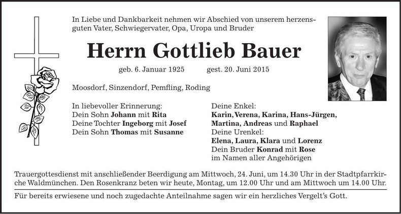 Traueranzeige Gottlieb Bauer