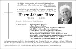 Traueranzeige Johann Titze