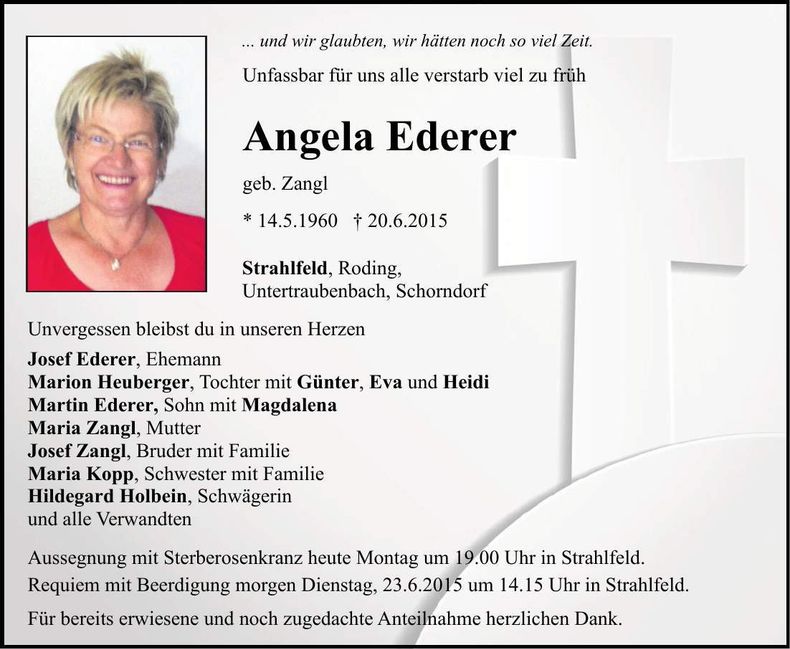 Traueranzeige Angela Ederer
