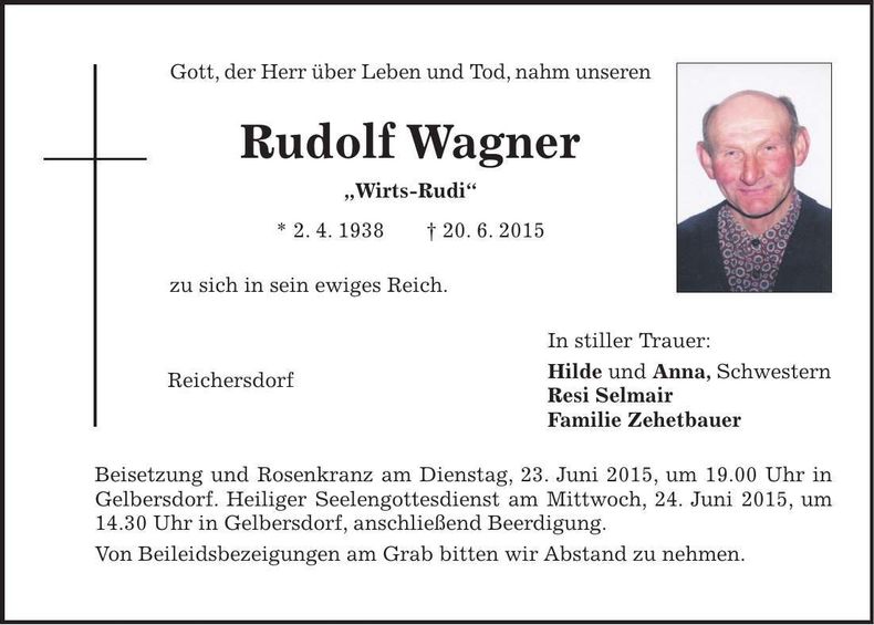 Traueranzeige Rudolf Wagner