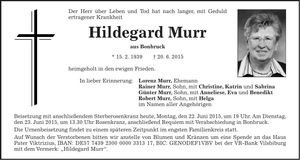 Traueranzeige Hildegard Murr