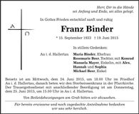 Traueranzeige Franz Binder