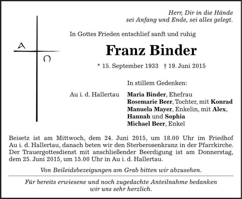 Traueranzeige Franz Binder