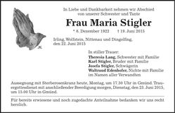Traueranzeige Maria Stigler