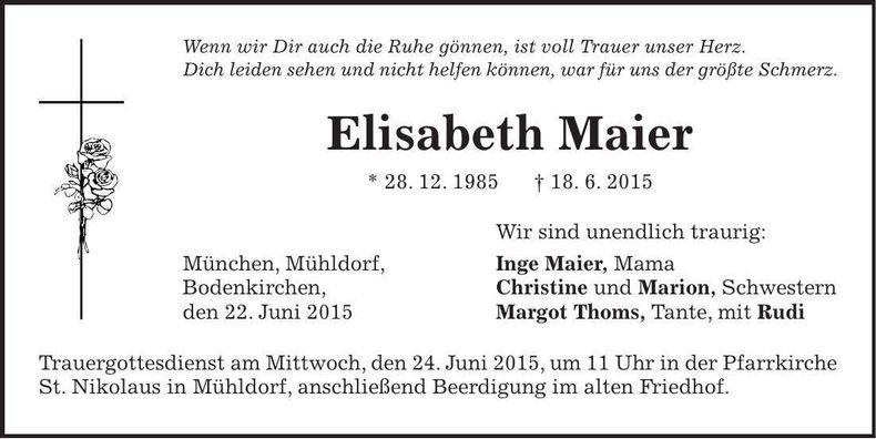 Traueranzeige Elisabeth Maier
