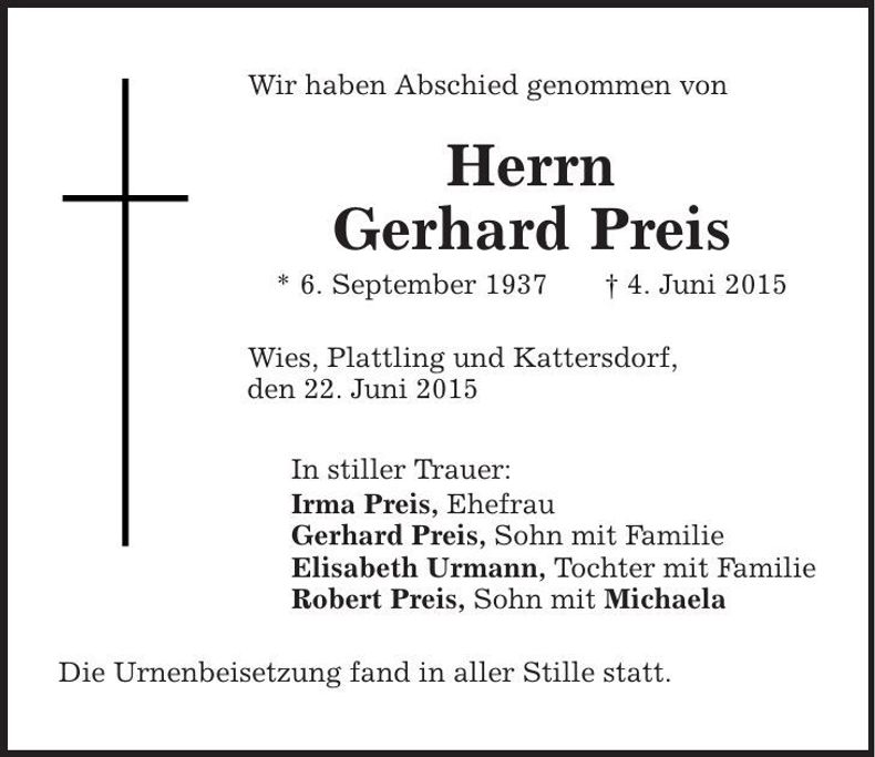 Traueranzeige Gerhard Preis
