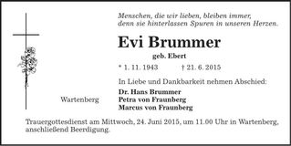 Traueranzeige Evi Brummer