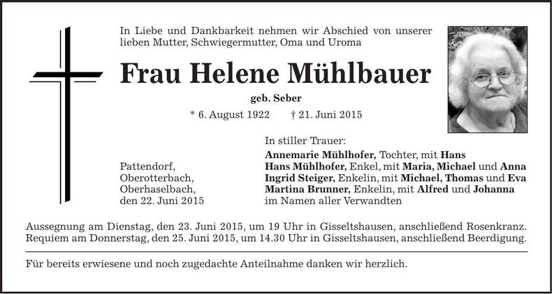 Traueranzeige Helene Mühlbauer