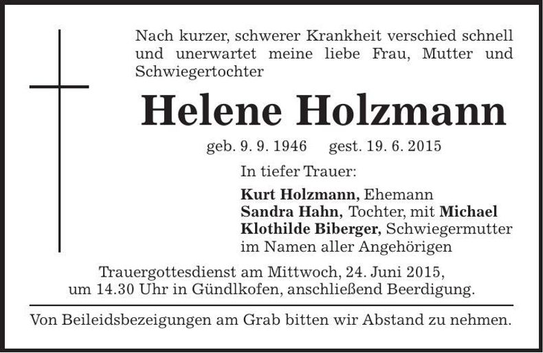 Traueranzeige Helene Holzmann