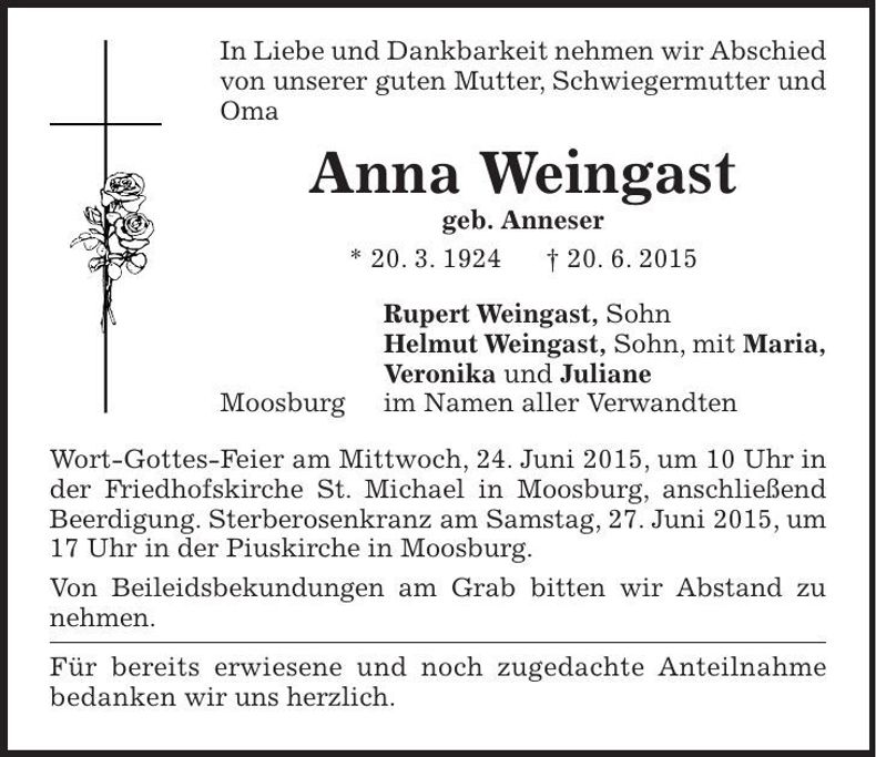 Traueranzeige Anna Weingast
