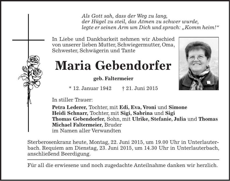 Traueranzeige Maria Gebendorfer