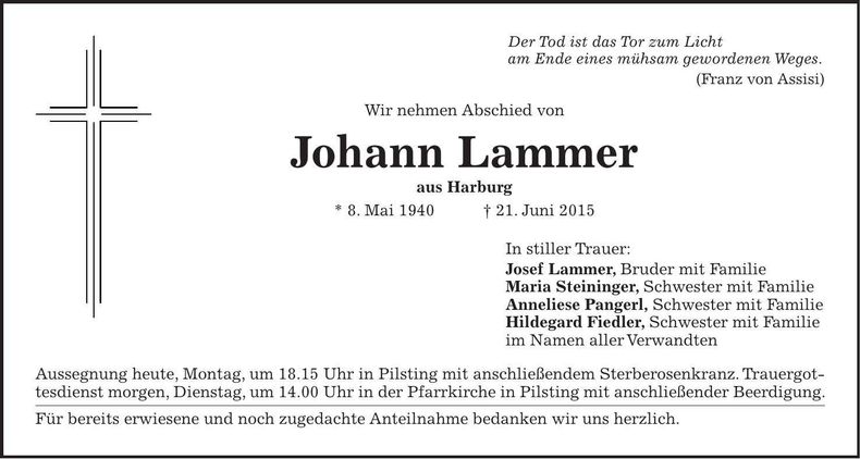 Traueranzeige Johann Lammer
