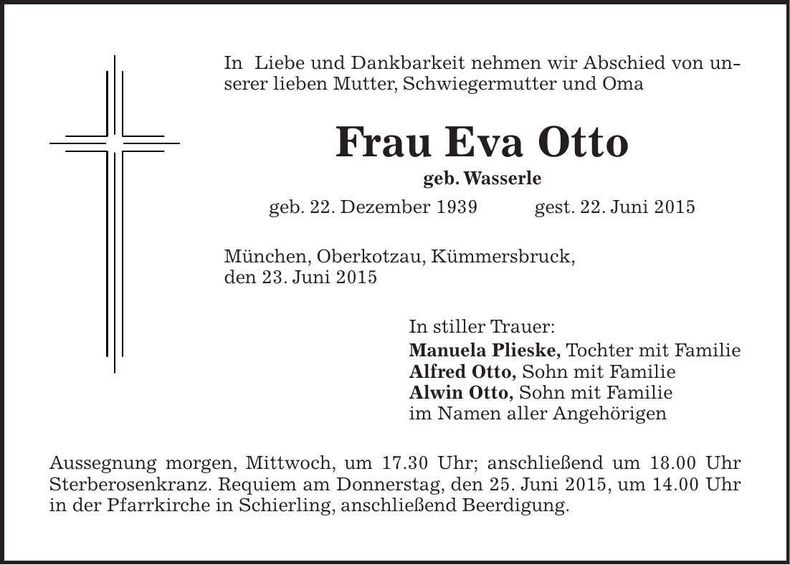 Traueranzeige Eva Otto