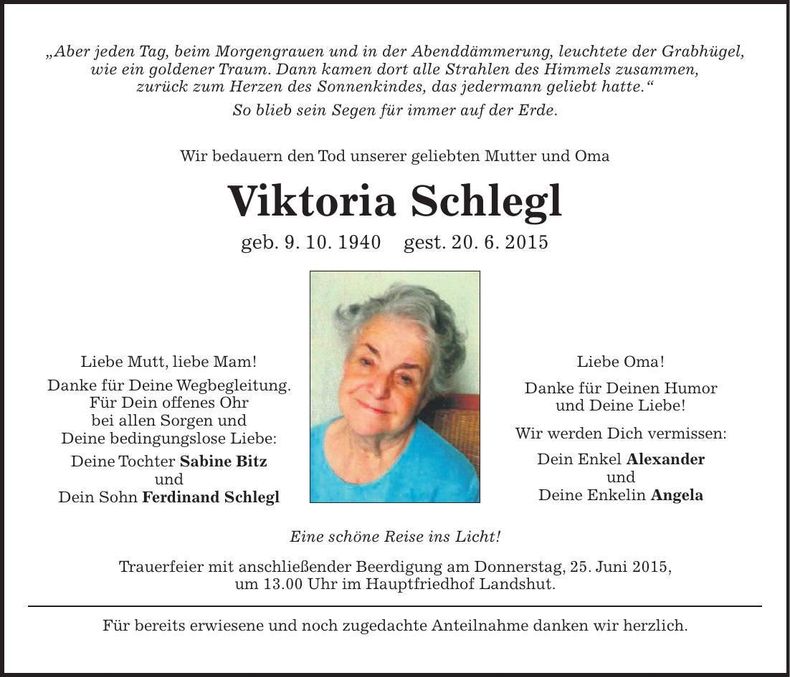 Traueranzeige Viktoria Schlegl