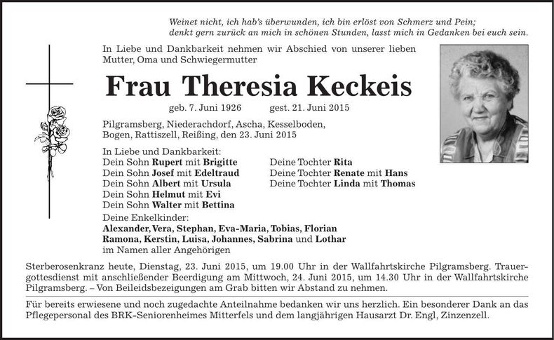 Traueranzeige Theresia Keckeis