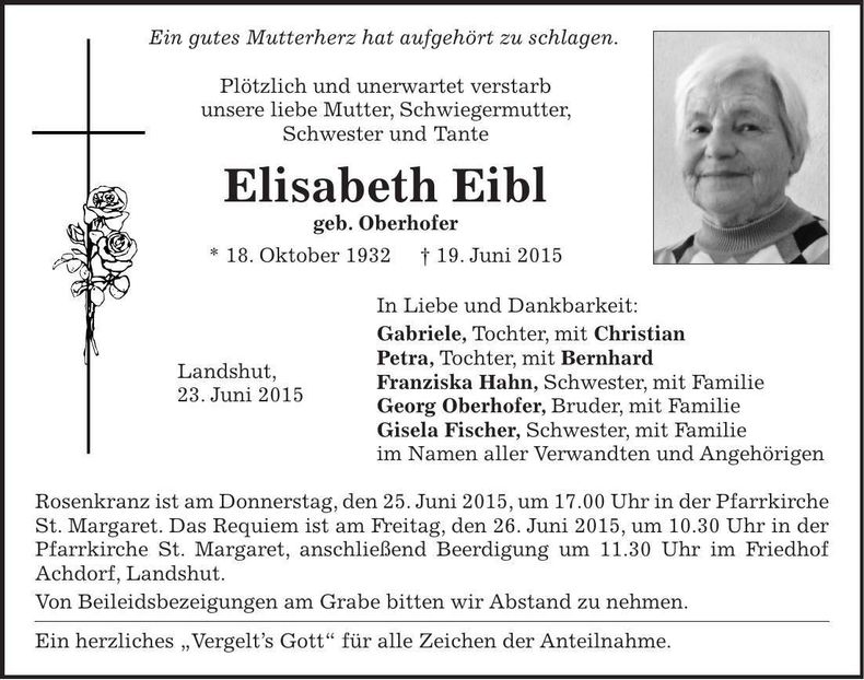 Traueranzeige Elisabeth Eibl