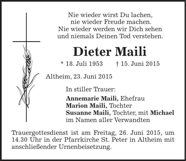 Traueranzeige Dieter Maili
