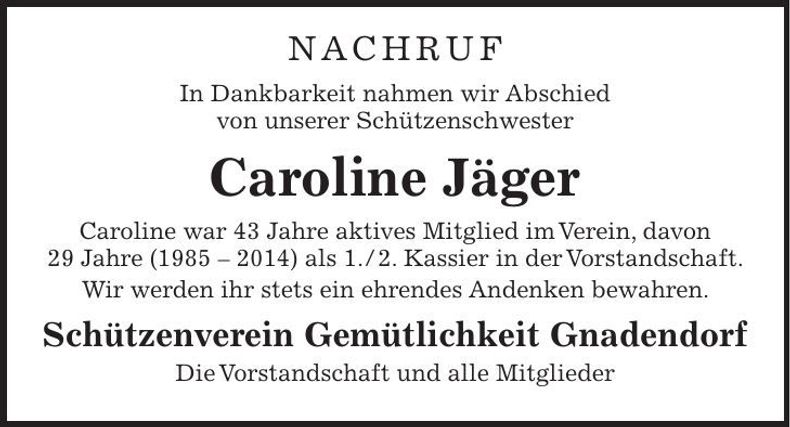 Traueranzeige Caroline Jäger