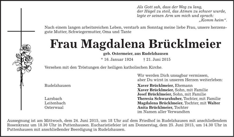 Traueranzeige Magdalena Brücklmeier