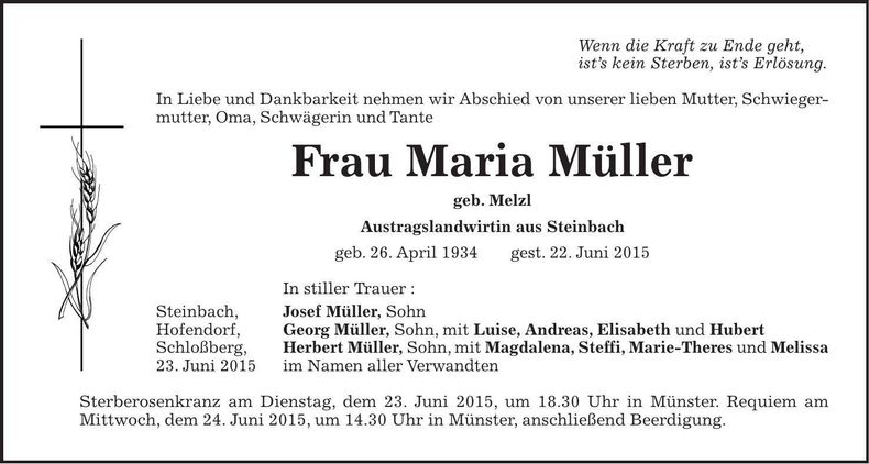 Traueranzeige Maria Müller