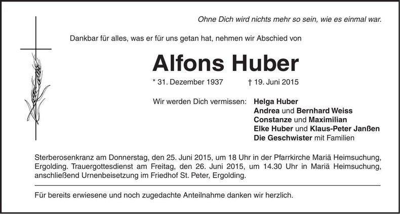Traueranzeige Alfons Huber