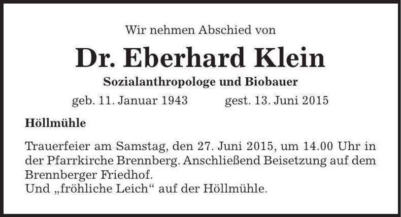Traueranzeige Eberhard Klein