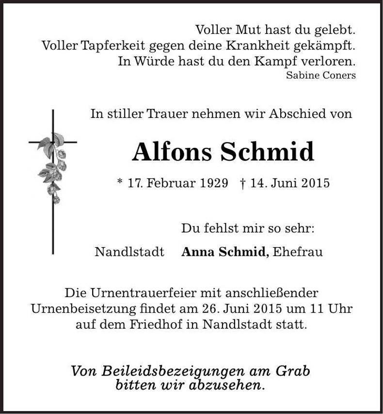 Traueranzeige Alfons Schmid