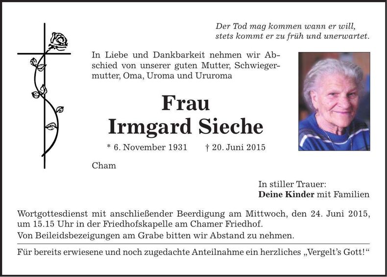 Traueranzeige Irmgard Sieche