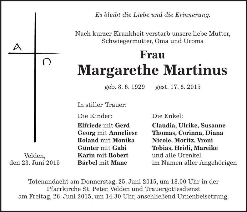 Traueranzeige Margarethe Martinus