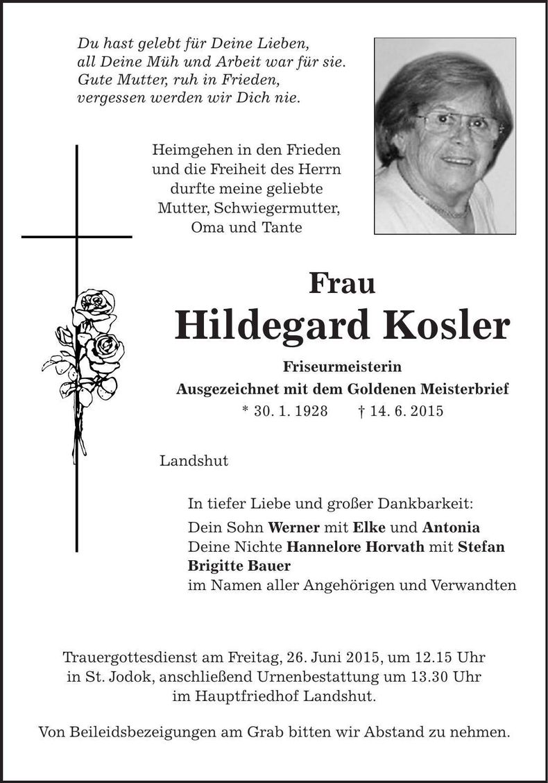 Traueranzeige Hildegard Kosler