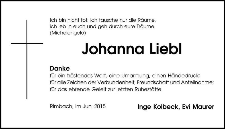 Traueranzeige Johanna Liebl