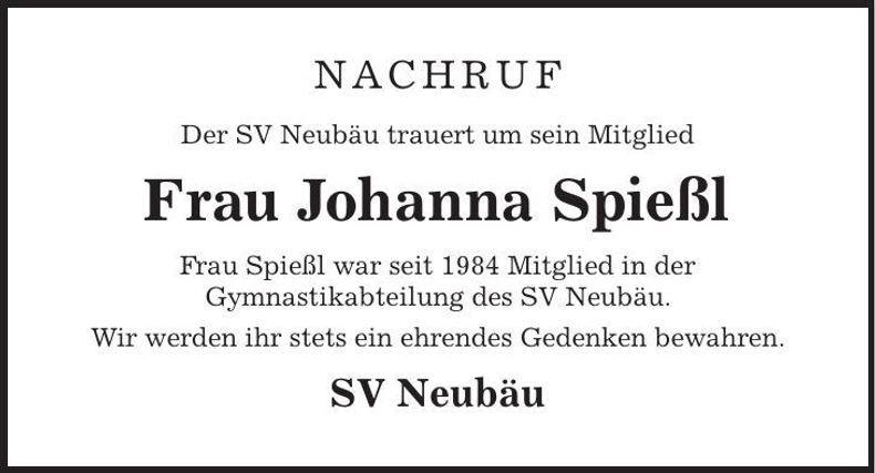 Traueranzeige Johanna Spießl