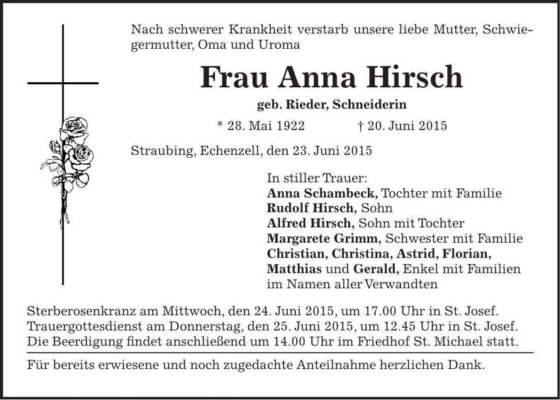 Traueranzeige Anna Hirsch