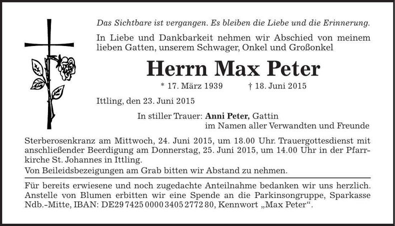 Traueranzeige Max Peter
