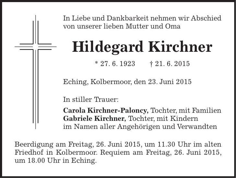 Traueranzeige Hildegard Kirchner