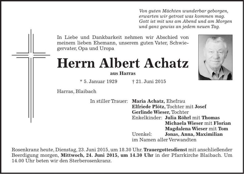 Traueranzeige Albert Achatz