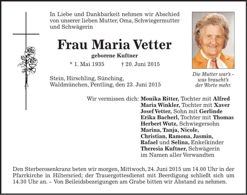 Traueranzeige Maria Vetter