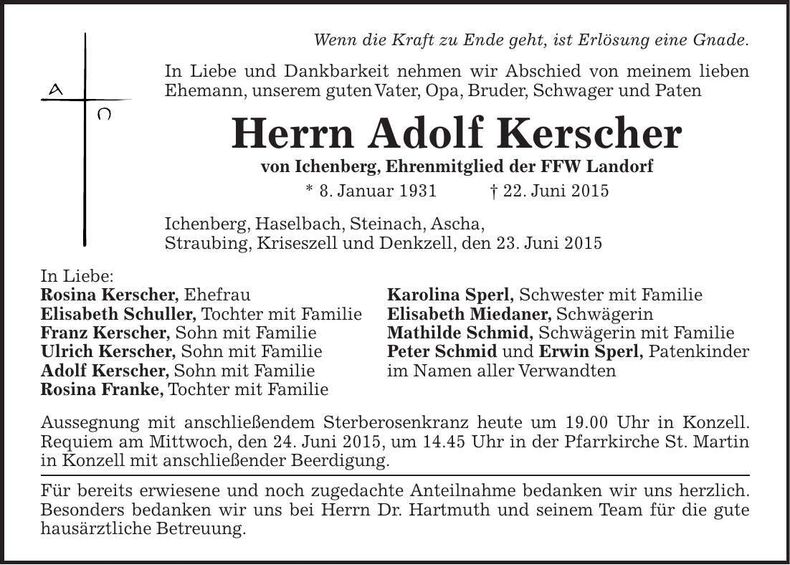 Traueranzeige Adolf Kerscher