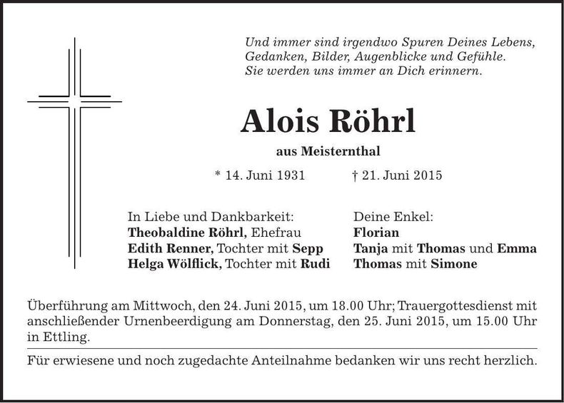 Traueranzeige Alois Röhrl