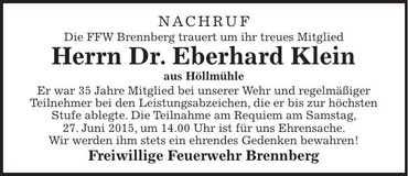Traueranzeige Eberhard Klein