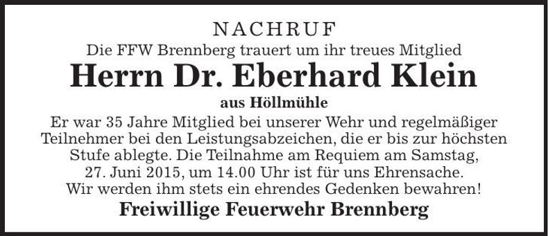 Traueranzeige Eberhard Klein