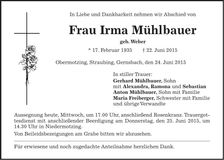 Traueranzeige Irma Mühlbauer