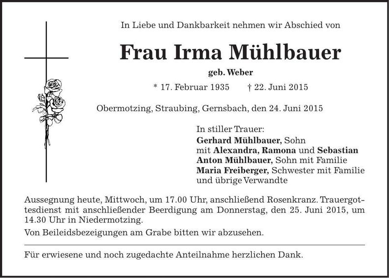 Traueranzeige Irma Mühlbauer