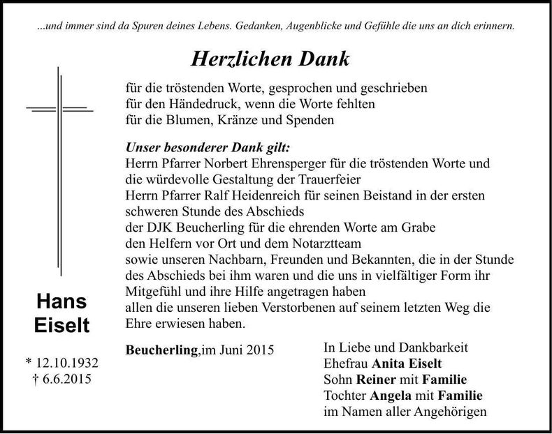 Traueranzeige Hans Eiselt