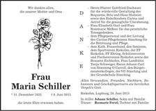 Traueranzeige Maria Schiller