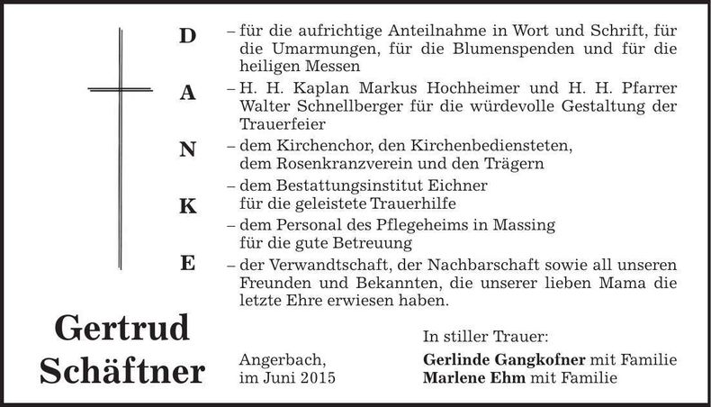 Traueranzeige Gertrud Schäftner