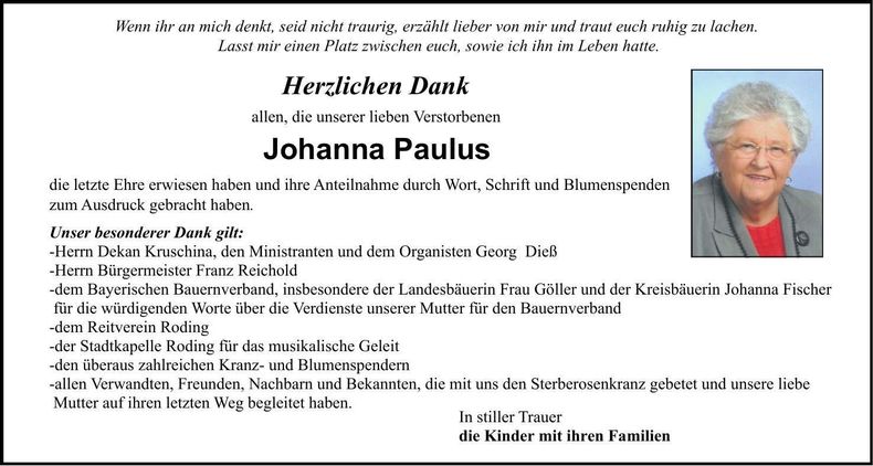 Traueranzeige Johanna Paulus