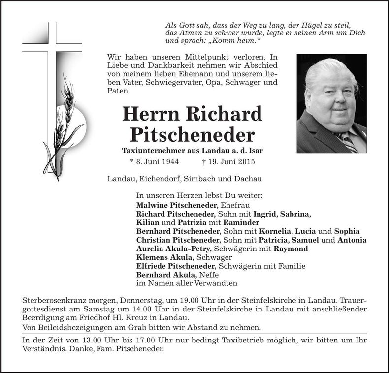 Traueranzeige Richard Pitscheneder