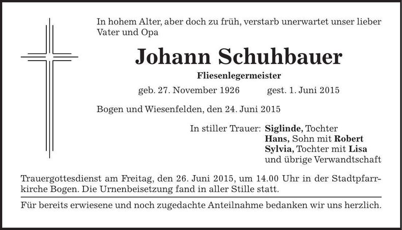 Traueranzeige Johann Schuhbauer