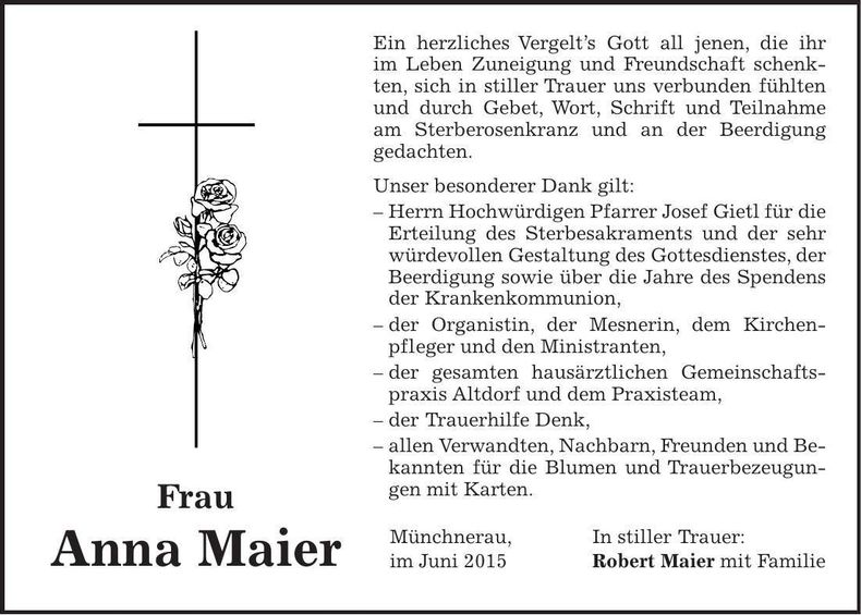 Traueranzeige Anna Maier
